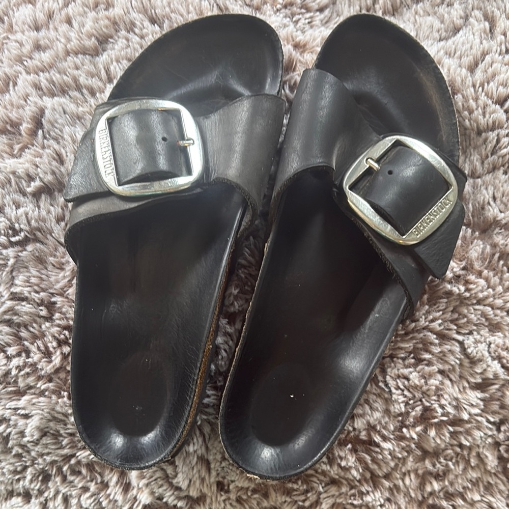 Birkenstock Black Leather Sandals with Silver Big Buckles